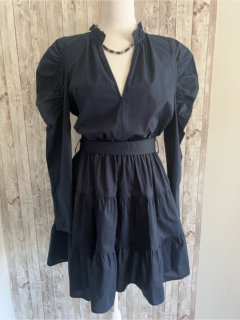 Anna Cate Elizabeth Puff Sleeve Tiered Ruffle Navy Blue Preppy Dress Medium